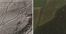 A probable Iron Age or Roman enclosed settlement (red arrows) and associated field system (blue arrows) revealed by LiDAR data but hidden today beneath woodland